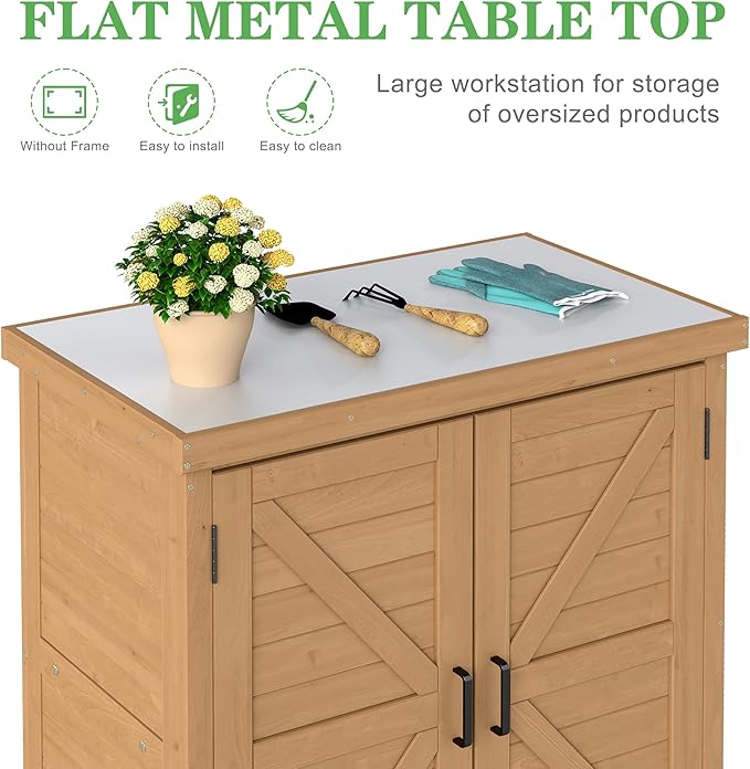 Outdoor Potting Bench with Storage Cabinet and Metal Top, Wood Workstation fo...