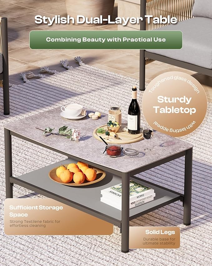 Aluminum Outdoor Patio Furniture Set with Dual-Layer Coffee Table, 4 Piece Mo...