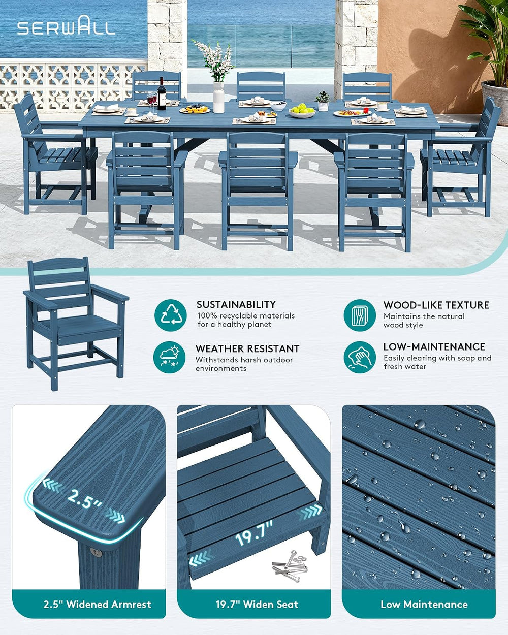 SERWALL 10Pcs 84" HDPE Outdoor Dining Set w/Armchairs & Umbrella,Blue