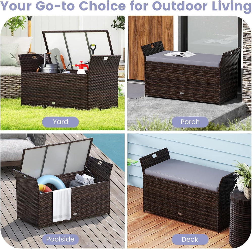 Tangkula 68 Gallon Outdoor Wicker Storage Bench, Patio Storage Box with Hand-...