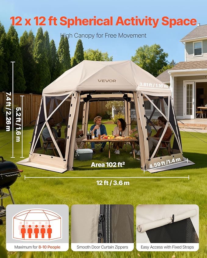 VEVOR Pop up Gazebo Screen Tent, 12 x 12 ft, 13-Sided Spherical Camping Canop...