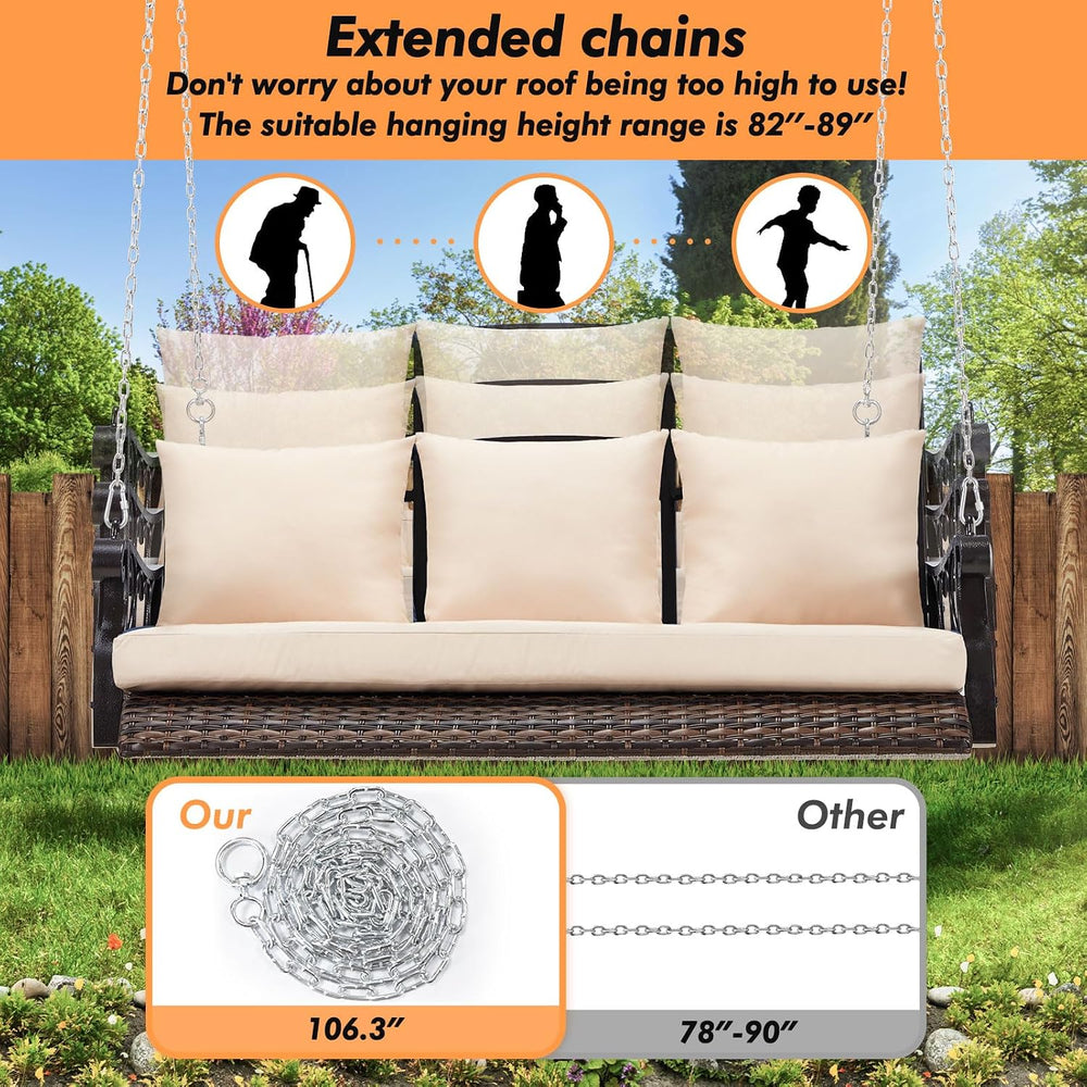 ZZW 3-Person Wicker Porch Swing Chair Heavy Duty 900 LBS Outdoor Rattan Patio...
