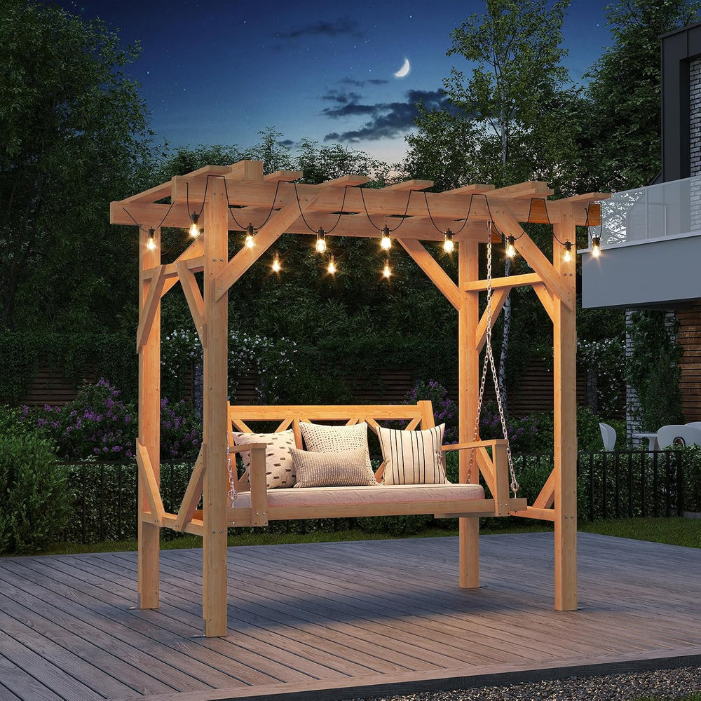 Aoxun Cedar Wood Pergola Porch Swing with 3-Seat Hanging Bench, Natural