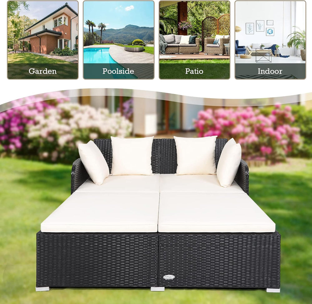 RELAX4LIFE Rattan Patio Outdoor Daybed, Wicker 2-Person Sunbed Loveseat with ...