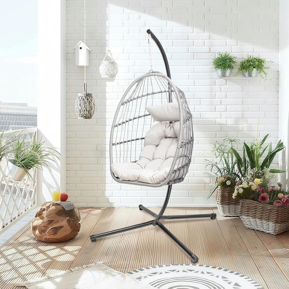 Hanging Egg Chair with Stand, Patio Wicker Hammock Egg Swing Chair with Cushi...