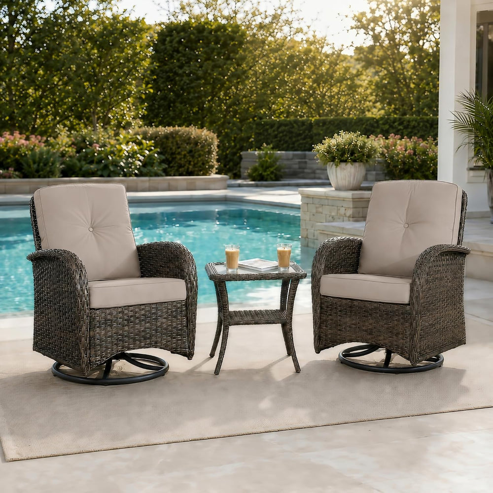 3 Piece Wicker Patio Swivel Rocker Set with Table, Brown/Beige