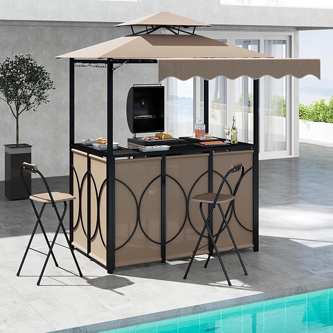 Tangkula 3 Piece Patio Bar Set, Grill Gazebo & 2 Foldable Bar Stools with...