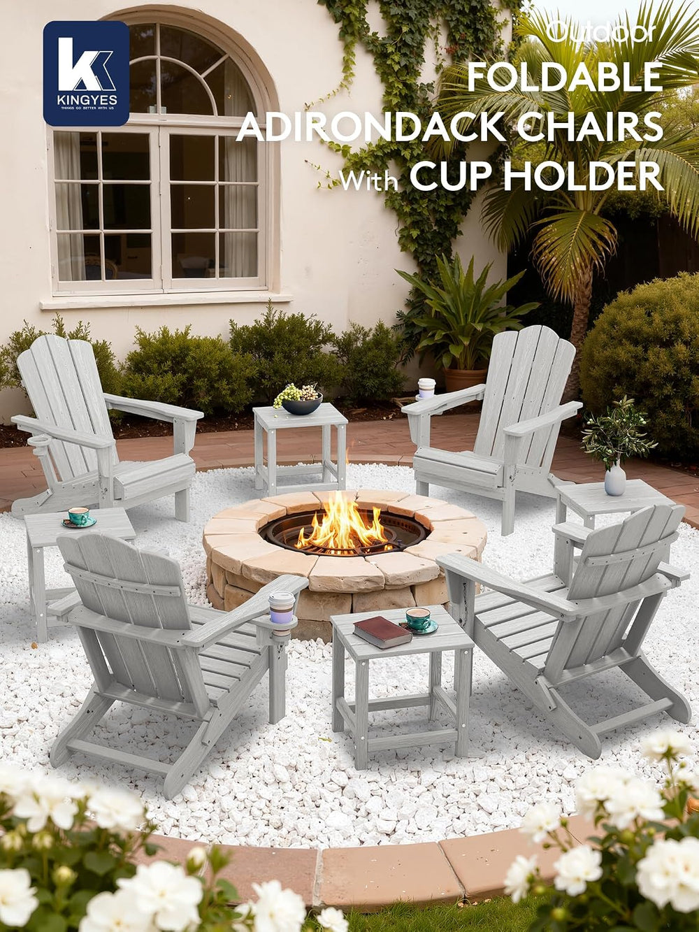KINGYES Folding Adirondack Chair Set of 2 with Cup Holder, Silver Grey