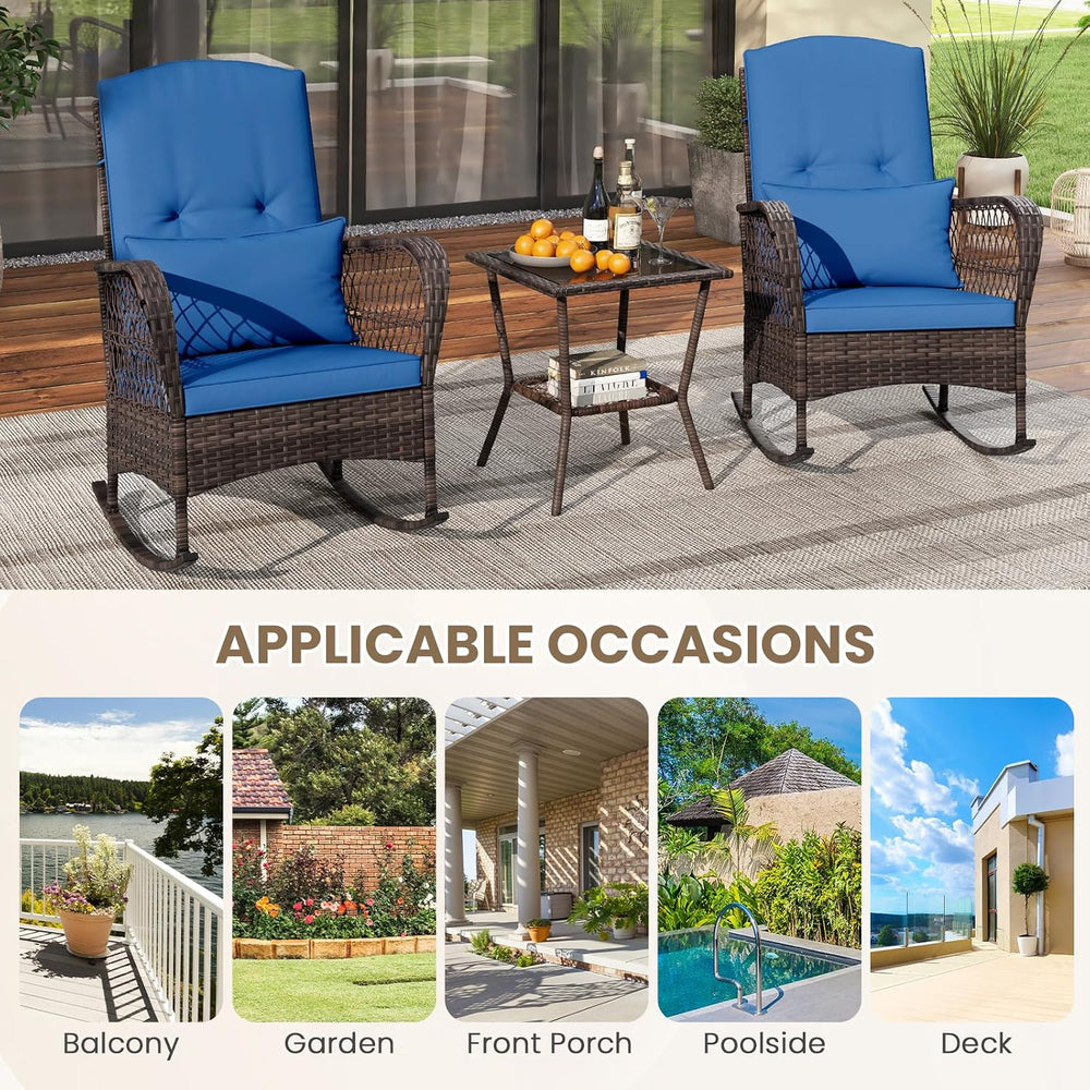 ORALNER 3 Pieces Patio Rocking Chair Set, Wicker Bistro Set (Navy)