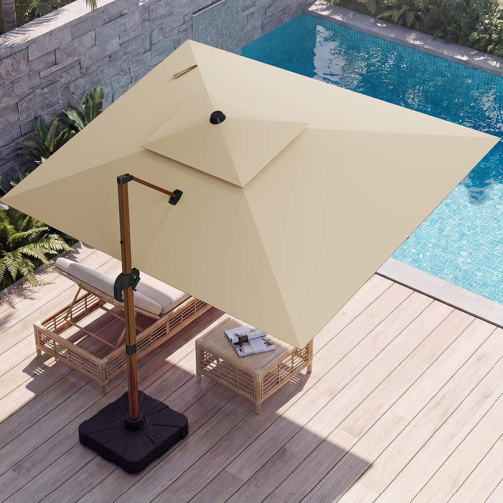 10x13' Wood Pattern Cantilever Patio Umbrella with Base, Beige