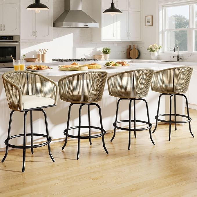DWVO Outdoor Counter Height Bar Stools Set of 4, Patio Swivel Bar Chairs with...