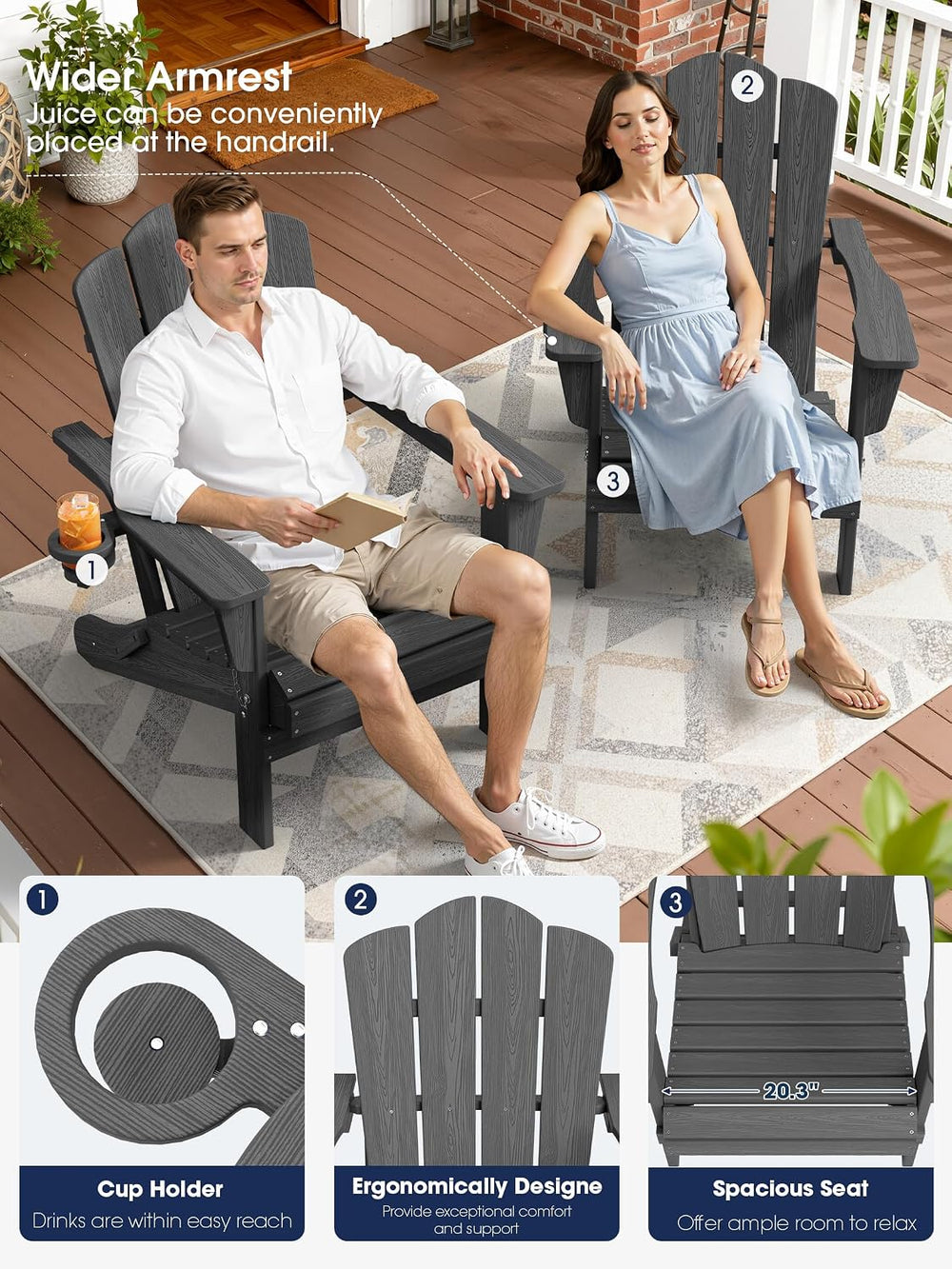 KINGYES Folding Adirondack Chair Set of 2 with Cup Holder, Grey