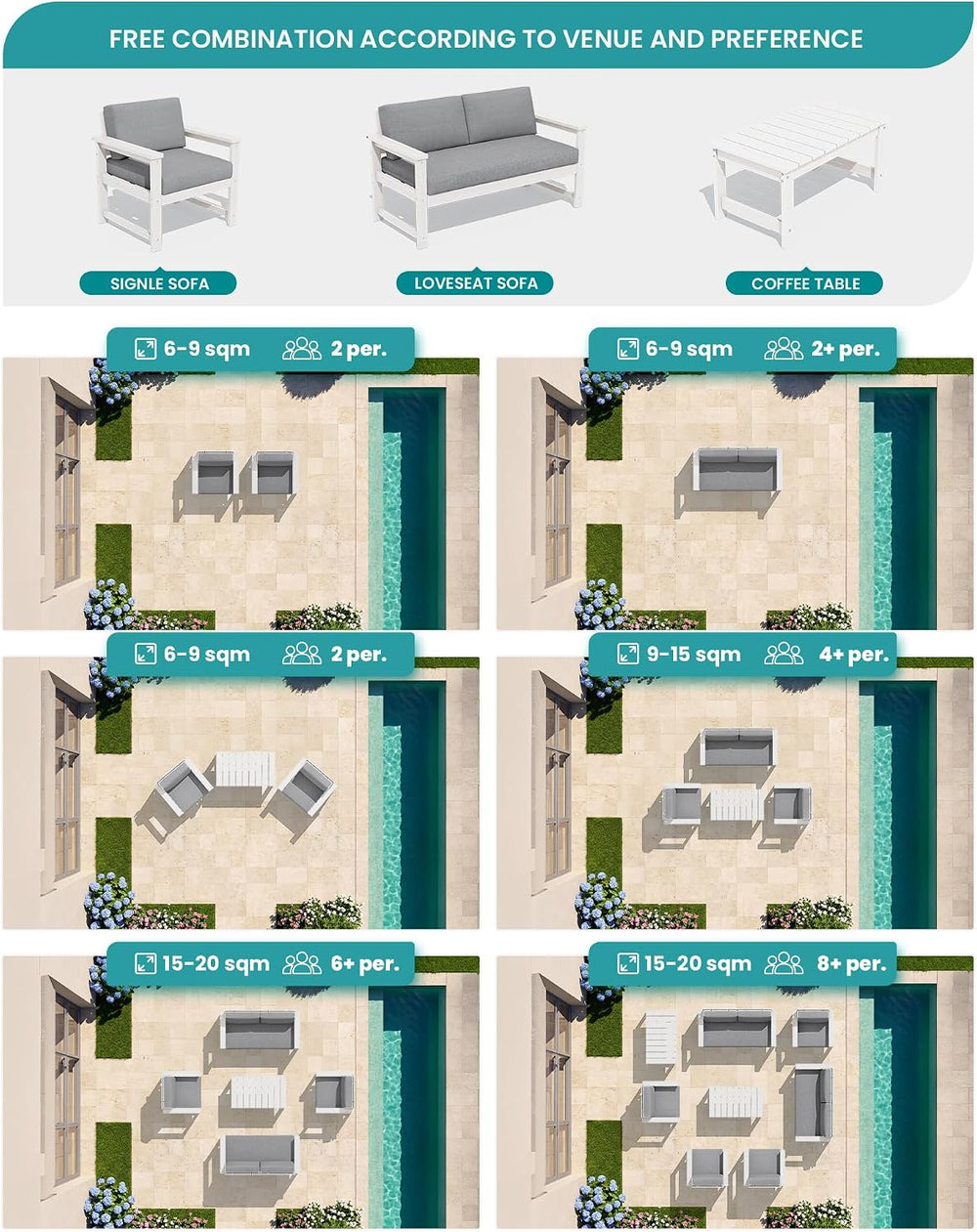 SERWALL 4 Pieces HDPE Outdoor Conversation Sofa Set with Cushions