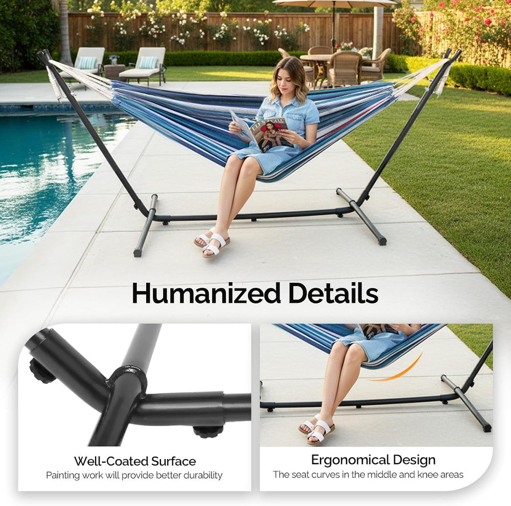 Double Hammock with 9 FT Stand Space Saving Carrying Case (Purple Blue)