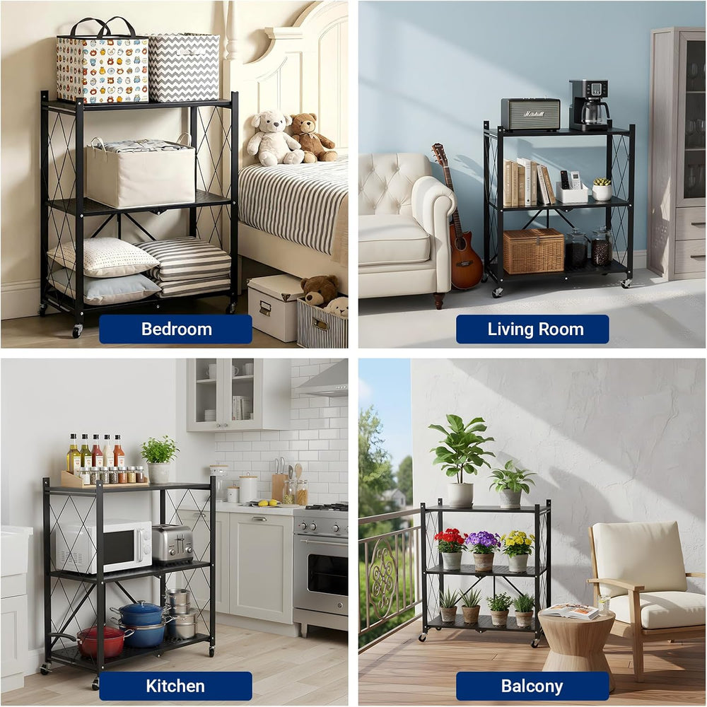 3 Tier Foldable Storage Shelves with Wheels, Metal Collapsible Organization S...