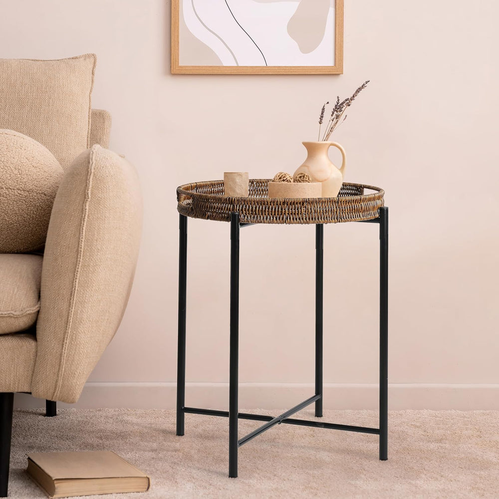 DINGTAI Small Wicker Round End Table, 16.5 in Rattan End Tables with Removabl...