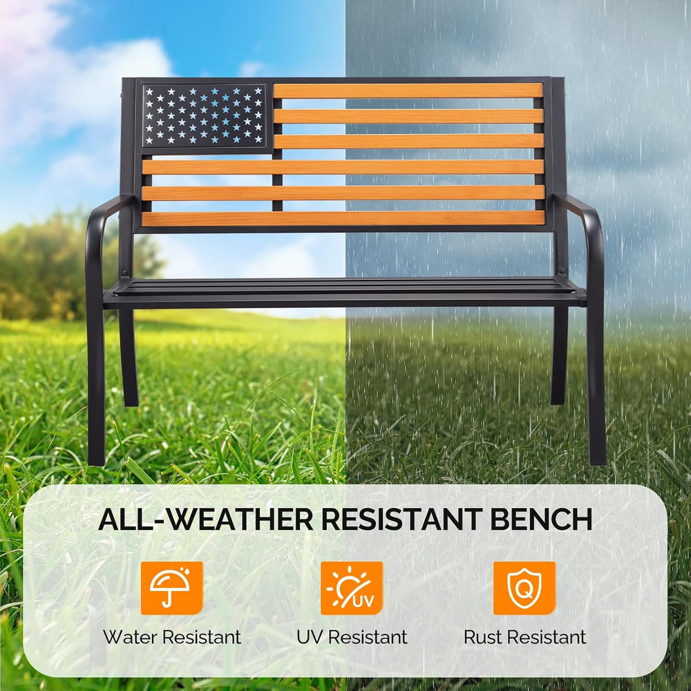 VINGLI Outdoor Metal Bench, 50in Weatherproof Garden Bench w/American Flag St...