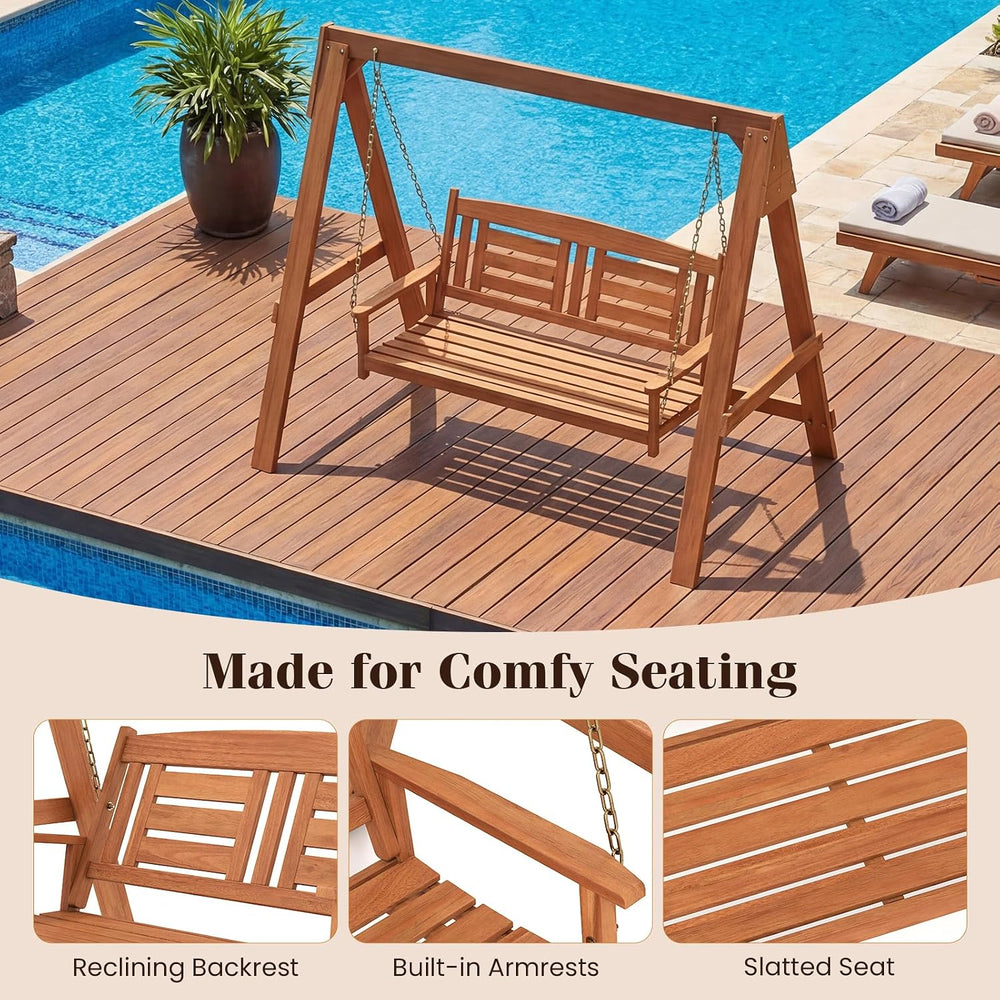 Tangkula 2-Seater Porch Swing with Stand, Wood Patio Swing Loveseat Chair wit...