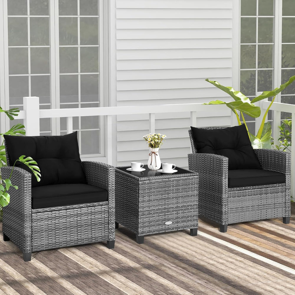 COSTWAY 3PCS Wicker Patio Furniture Set with Cushions for Balcony and Porch