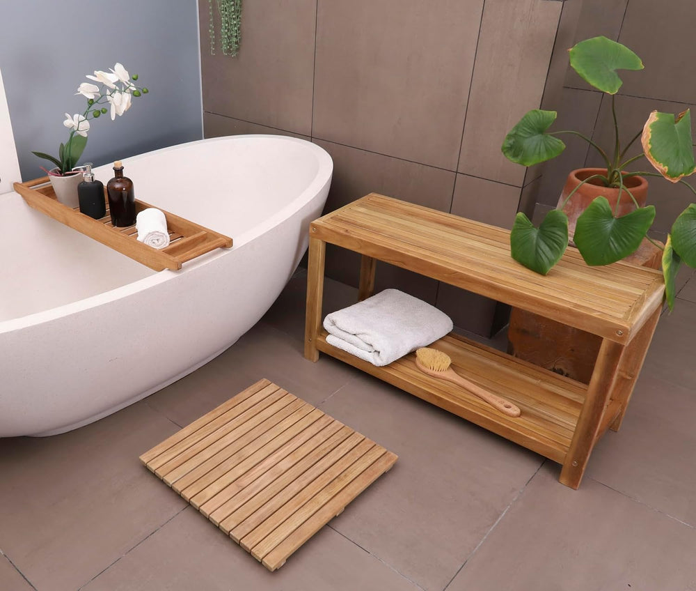 Wood Shower Stool and Spa Bench with Shelf, Teak Shower Bench for Indoor and ...