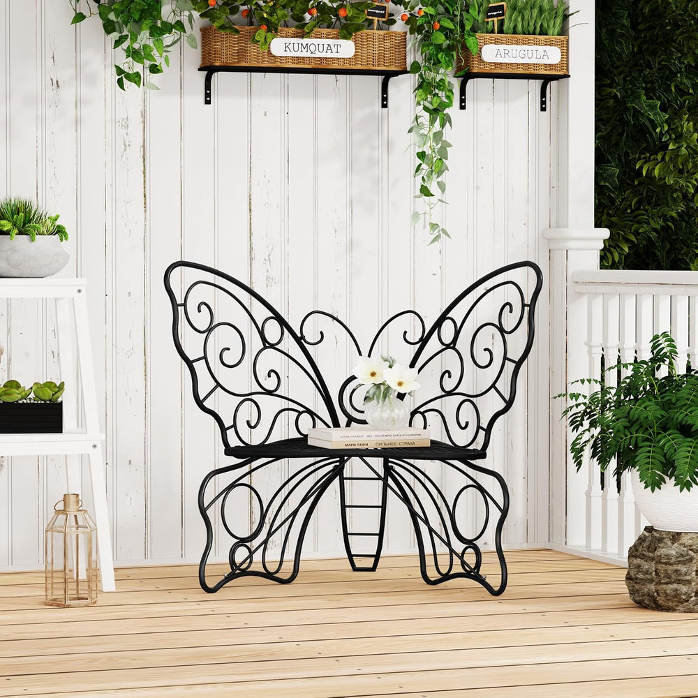 36 Inch Small Butterfly Bench, Cute Metal Outdoor Benches, Black