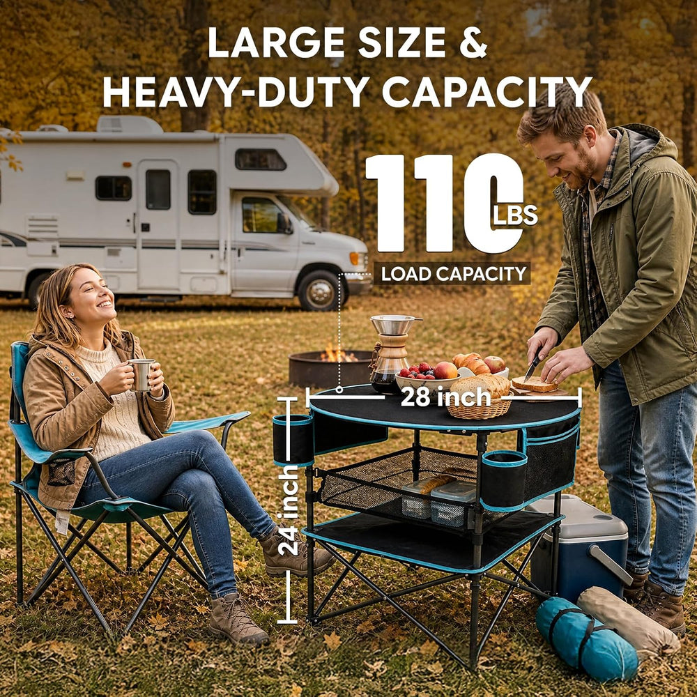 FUNDANGO Foldable Camping Table, 3-Tier Removable Mesh Shelf, 4 Cup Holders