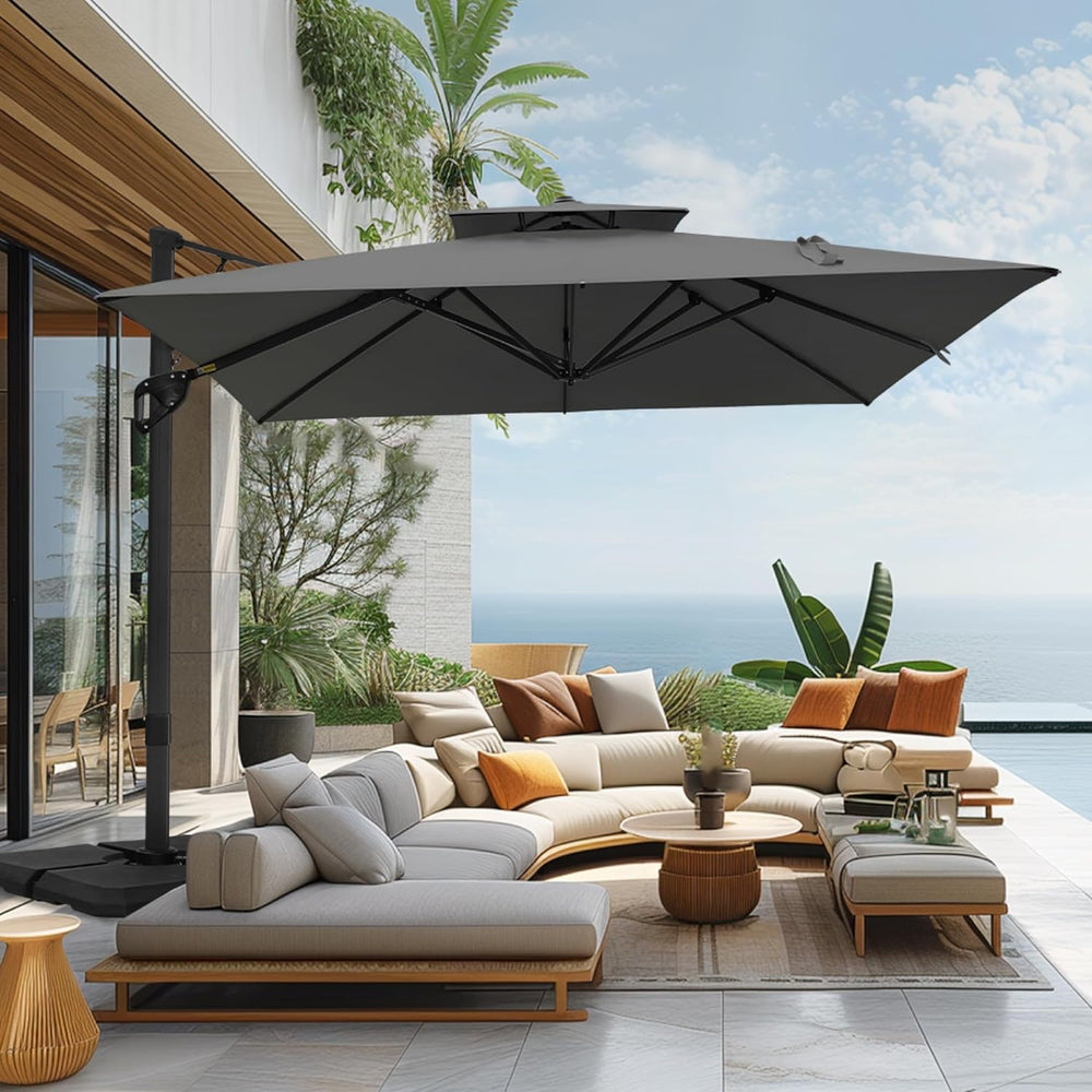 12ft Cantilever Patio Umbrella with Base&360°Rotation Outdoor Offset, Grey
