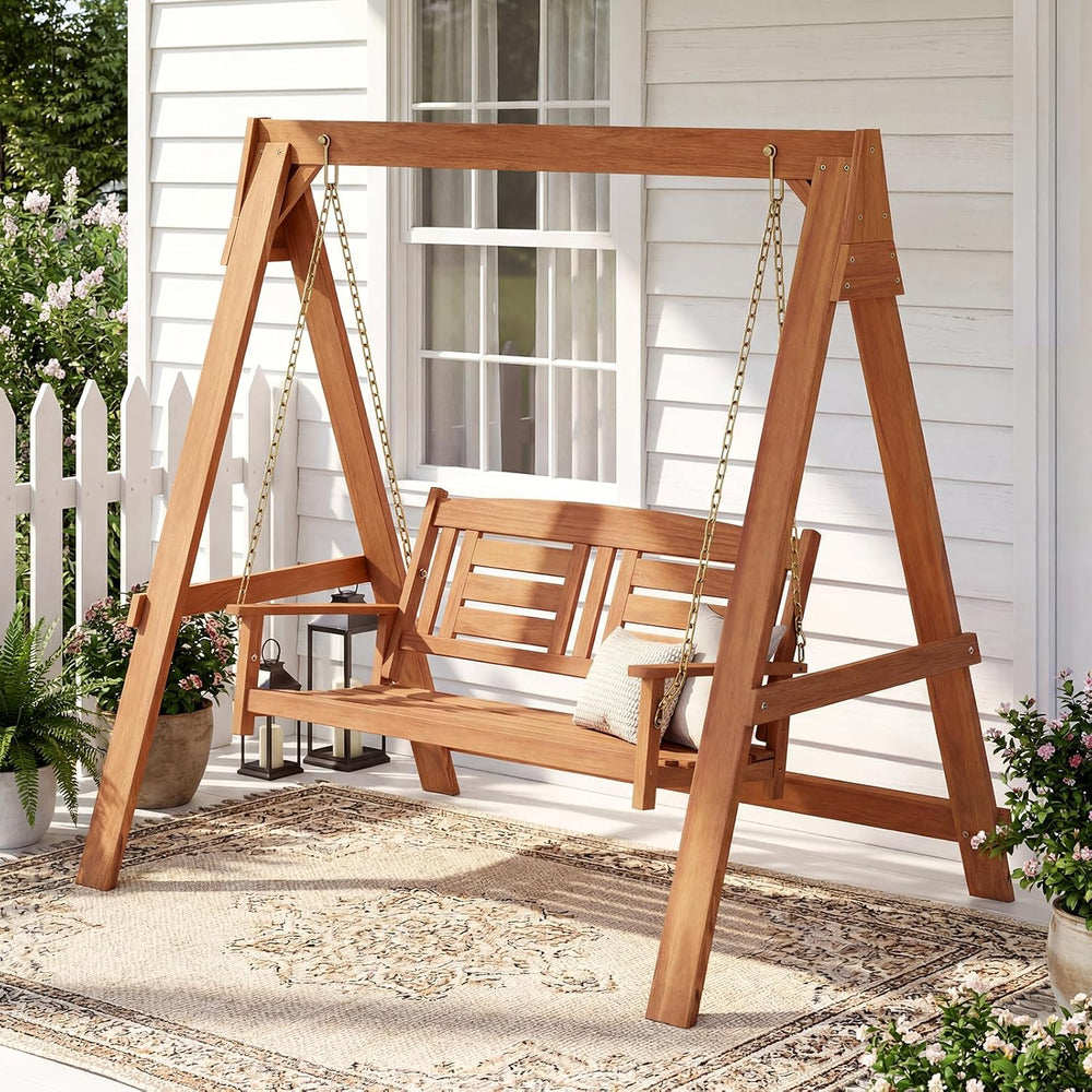 Tangkula 2-Seater Porch Swing with Stand, Wood Patio Swing Loveseat Chair wit...