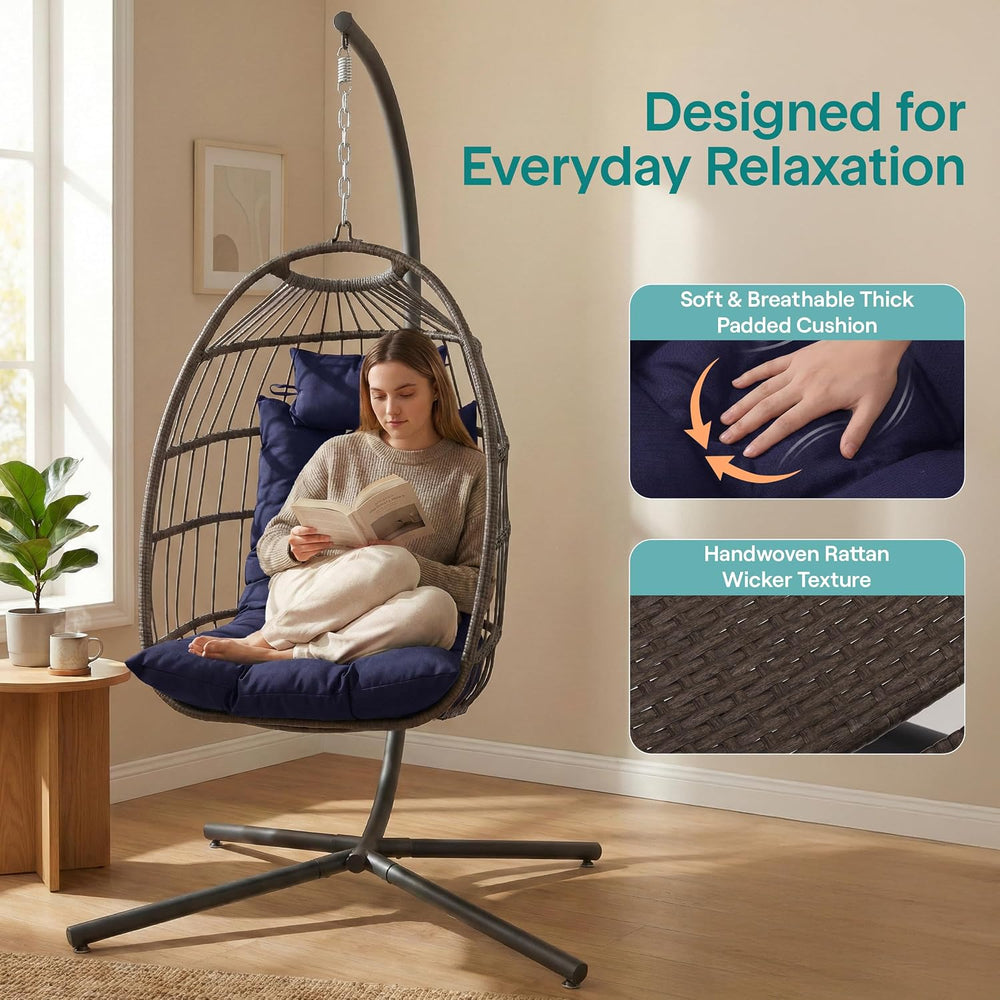 SereneLife Hanging Egg Chair with Stand | Foldable Rattan Wicker Hammock Chai...
