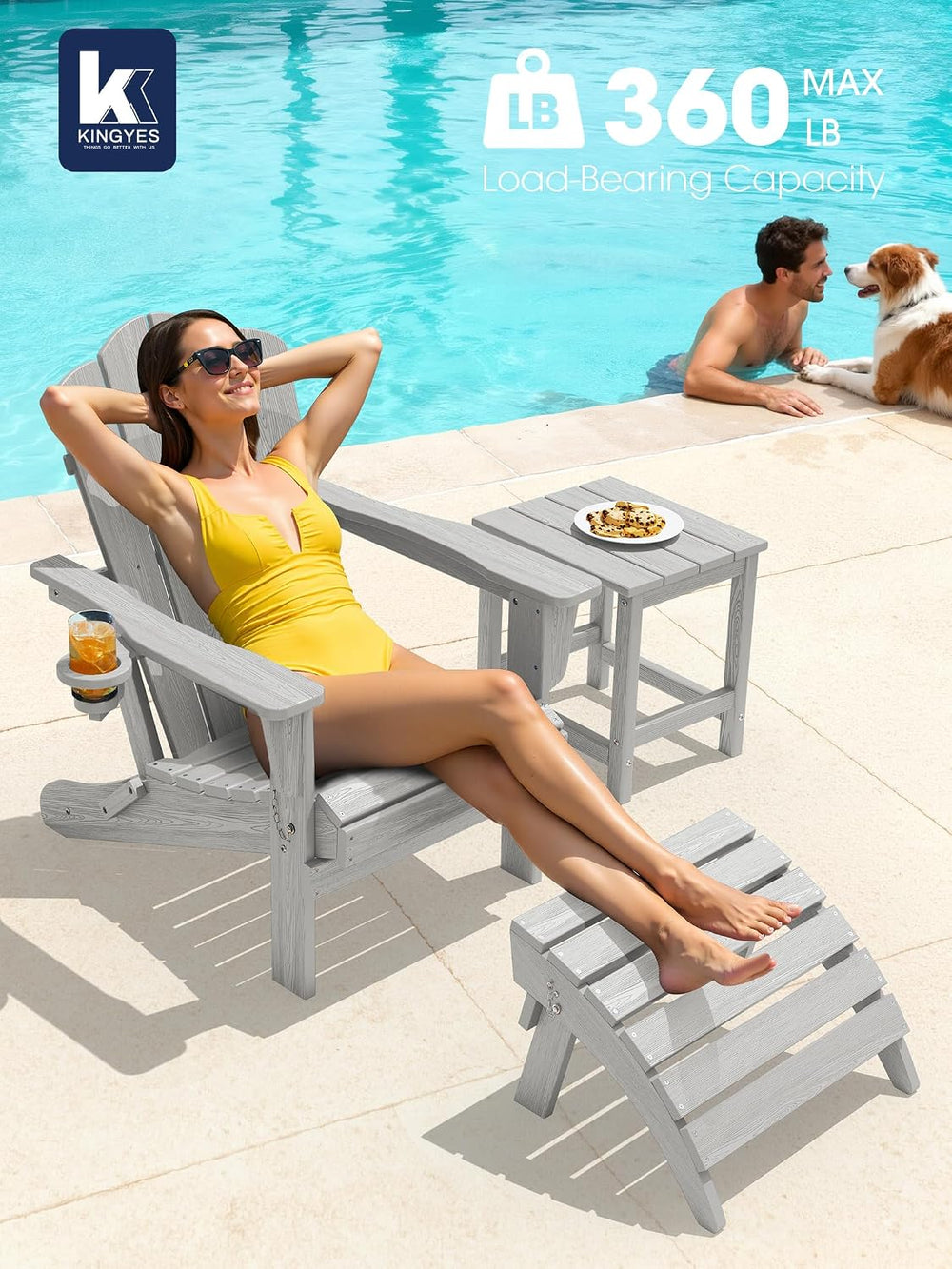 KINGYES Folding Adirondack Chair Set of 2 with Cup Holder, Silver Grey