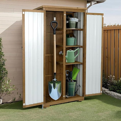 Outdoor Storage Cabinet with Shelf, Wood & Metal Storage Shed with Waterproof Roof & Lockable Doors,Tall Outdoor Cabinets for Patio Backyard, Gardening Tools and Accessories, Brown