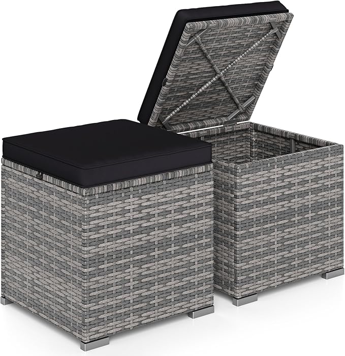 RELAX4LIFE Wicker Outdoor Storage Ottoman - 2-Piece Rattan Footstool w/Remova...