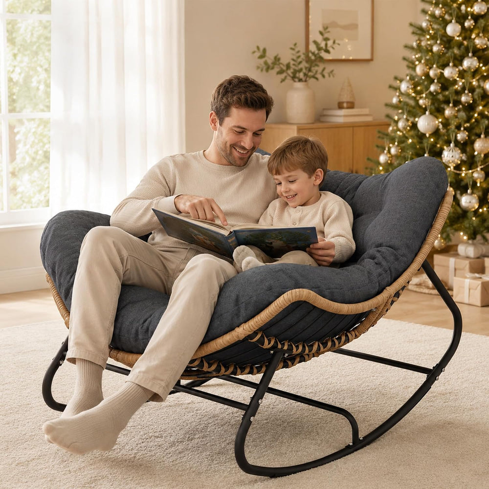 SWITTE Papasan Rocking Chair, Outdoor Wicker Egg Rocker with Cushion, Grey