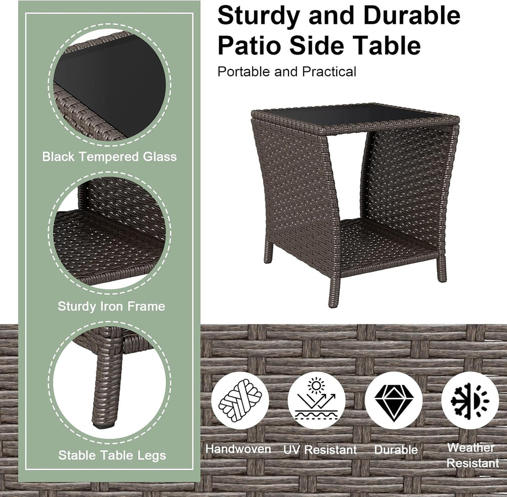 kinbor Set of 2 Outdoor Wicker Side Table, Glass Top & Storage Shelf, Brown