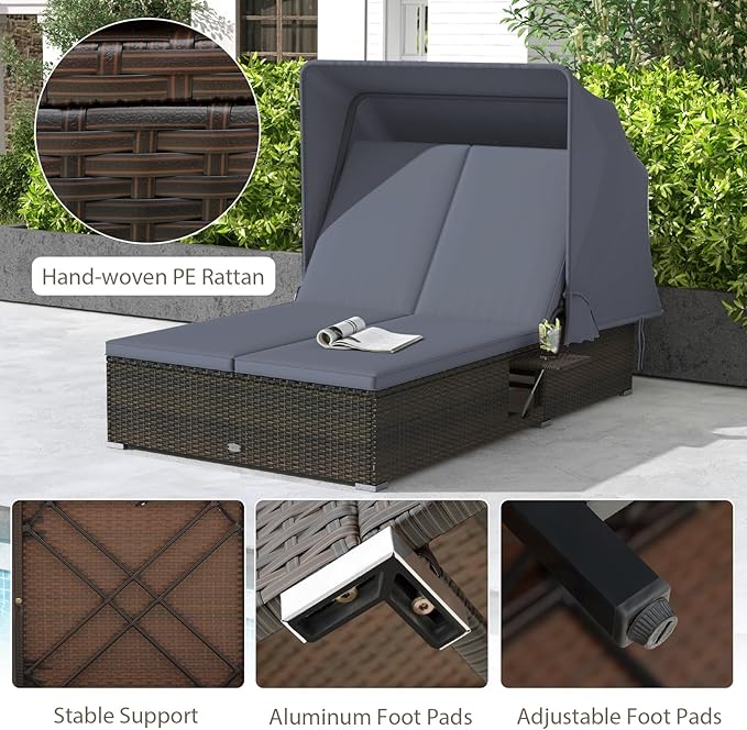 RELAX4LIFE Outdoor Rattan Daybed w/Canopy - Wicker Double Chaise Lounge w/6-P...