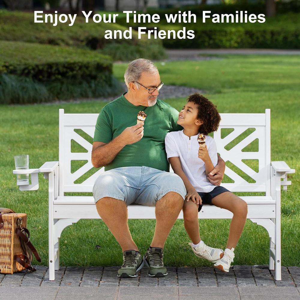 Oversized Outdoor Bench with Cup Holders, 51.5” HDPE Aesthetic Garden Bench f...