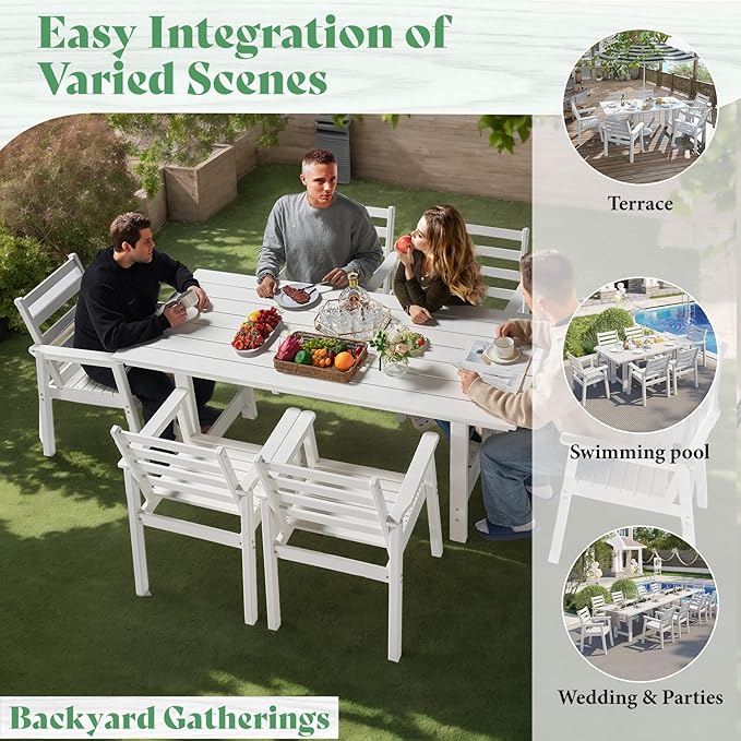 AMERLIFE 7-Piece HDPE Outdoor Dining Set with Umbrella Hole, 71" L Patio...