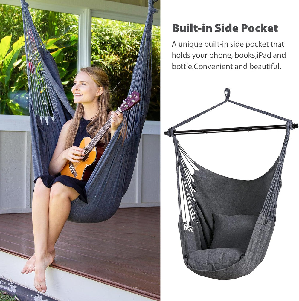 Hammock Chair Swing with Steel Support Bar, Side Pocket, Dark Gray