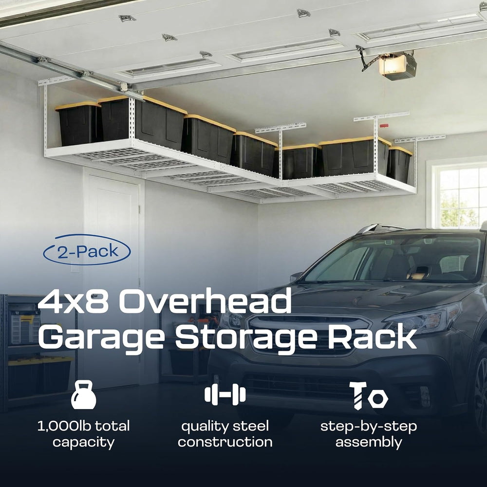 MonsterRax 2-Pack 4x8 Overhead Garage Storage Rack, White, 12"-24" ...