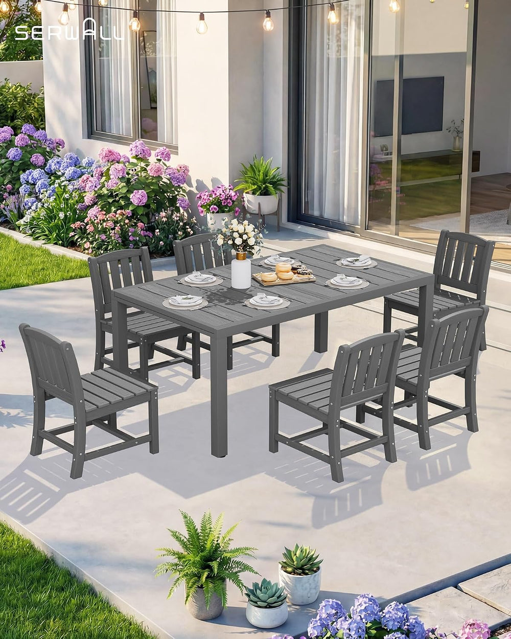 SERWALL Patio Dining Sets for 8 with 15FT Patio Umbrella, Grey
