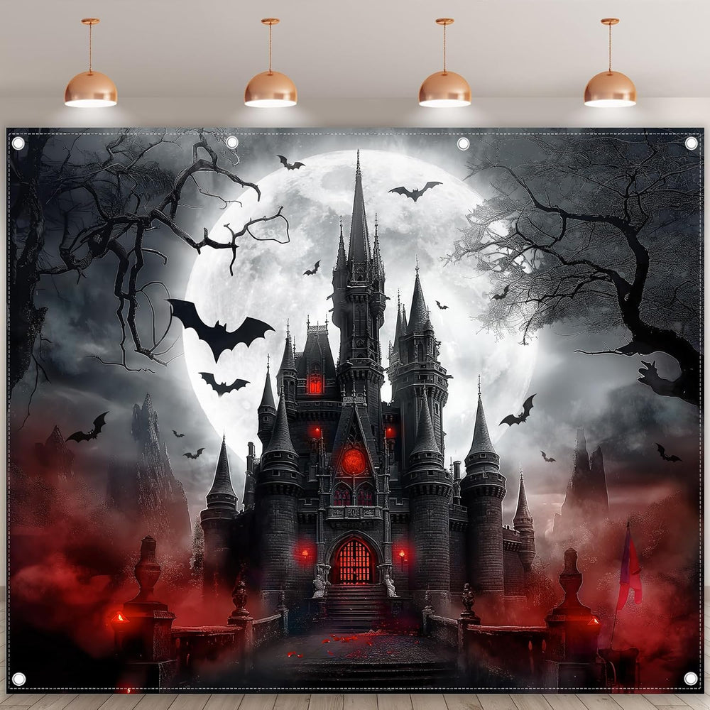 10x8ft Halloween Horror Castle Backdrop Full Moon Night Banner