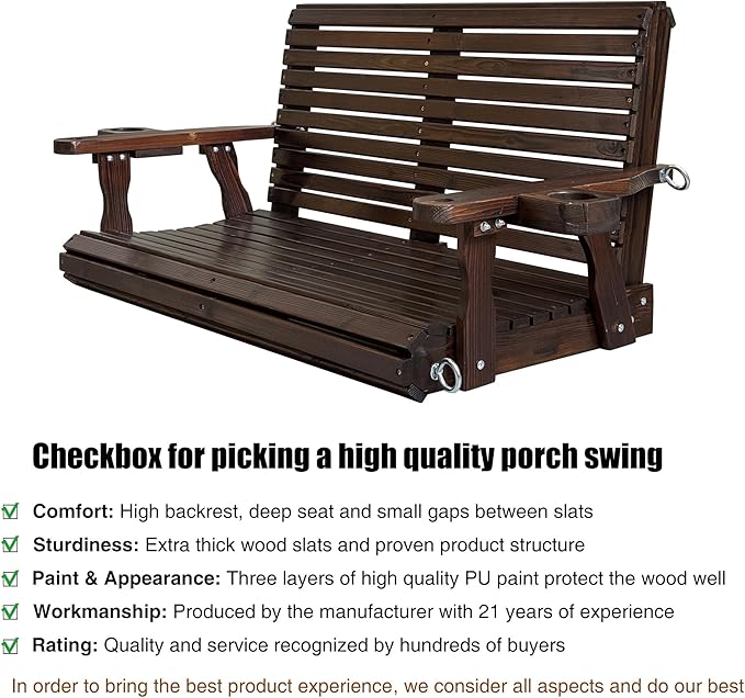 Wooden Porch Swing 2-Seater, High Backrest and Deep Seat, Bench Swing with Cu...