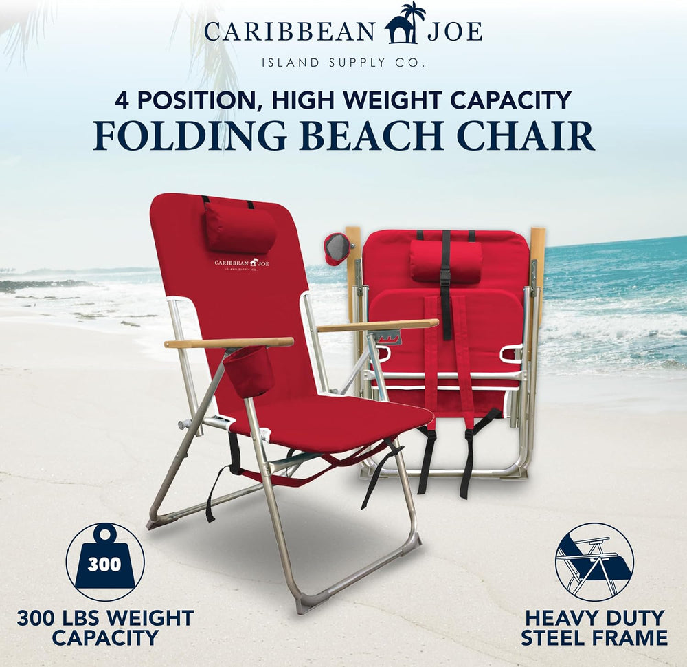 CARIBBEAN JOE Folding Beach Chair, 4 Position Portable Backpack Foldable Camp...