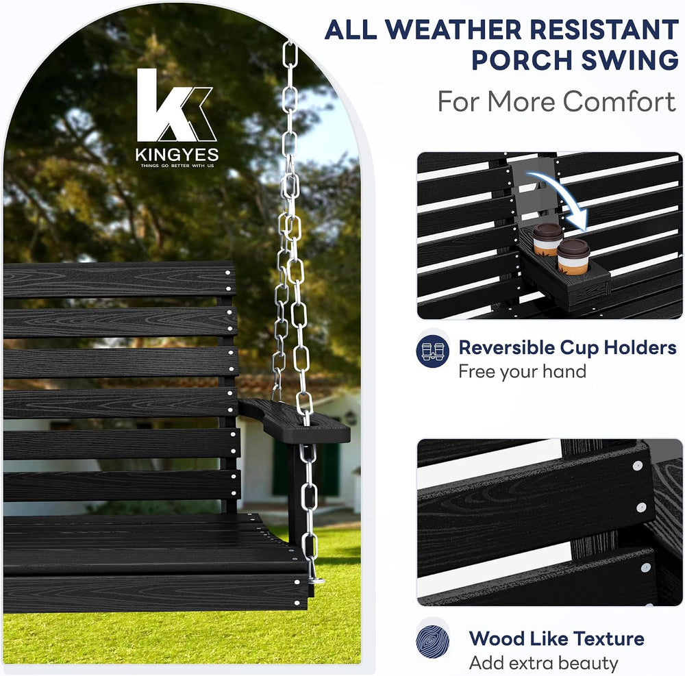 Outdoor Hanging Porch Swing, Patio Swing with Cup Holders, Black