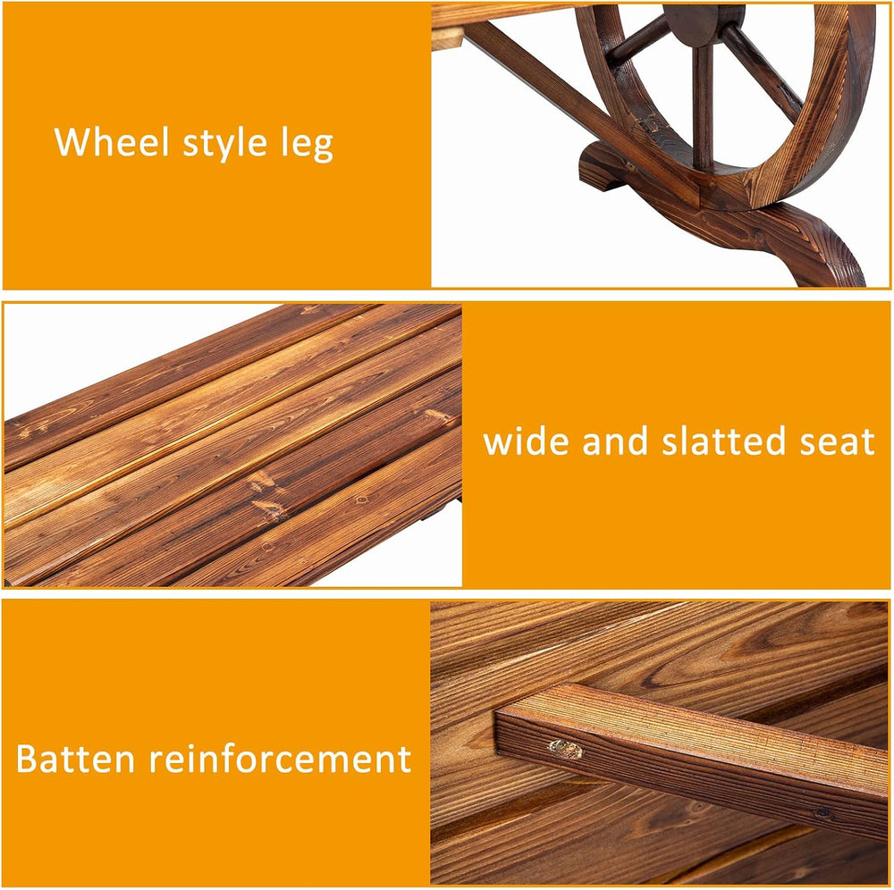 Outvita Wooden Garden Bench, Outdoor Rustic Wagon Wheel Bench