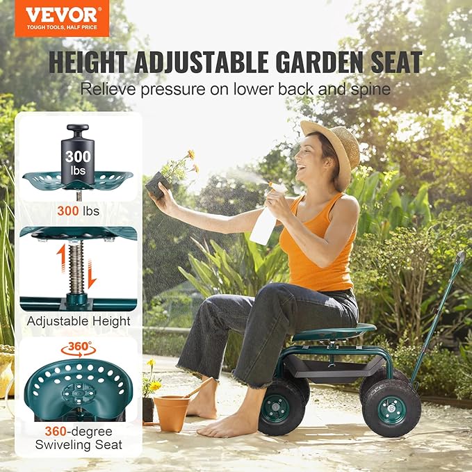 VEVOR Garden Cart Rolling Workseat with Wheels, Gardening Stool for Planting,...