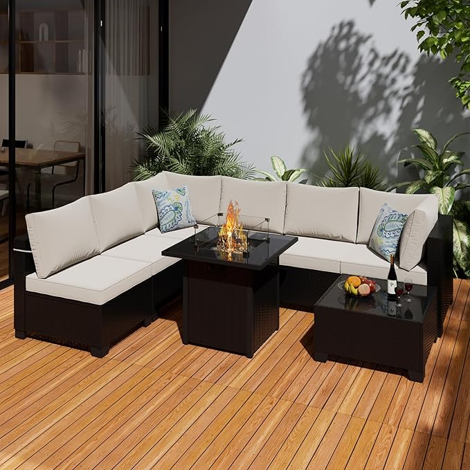 8 Pcs Patio Furniture Set with Fire Pit Table Wicker Outdoor Sectional Sofa, ...