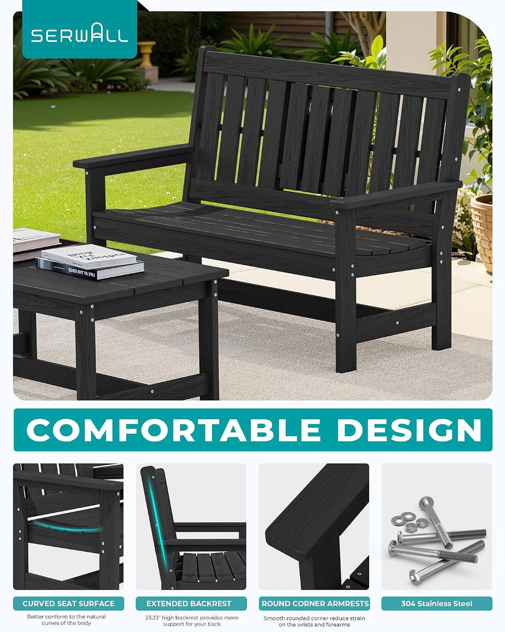 SERWALL HDPE Outdoor Bench with Cup Holder Oversized 58" Porch Bench, Black