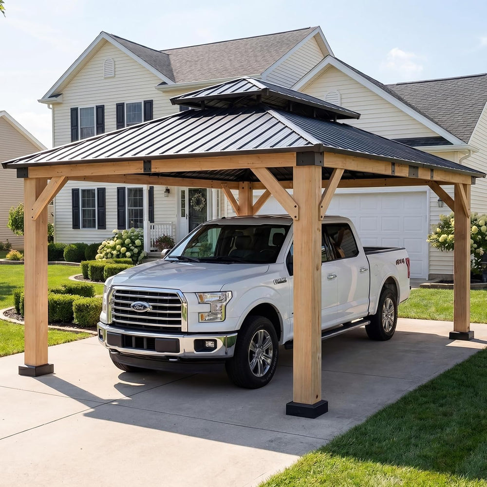 Aoxun 12x16 FT Heavy Duty Cedar Wood Carport, Double Galvanized Steel Roof