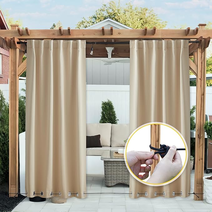 NICETOWN 2 Panels Outdoor Curtains for Patio Waterproof & Windproof, Grom...
